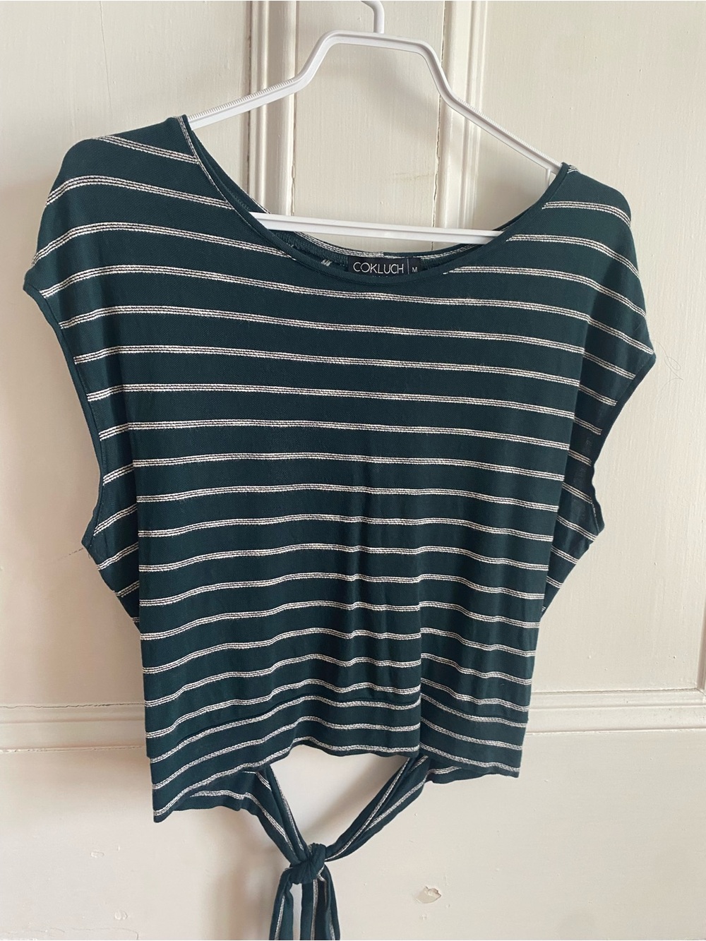 Cokluch Green Striped Tie-Front Crop Top